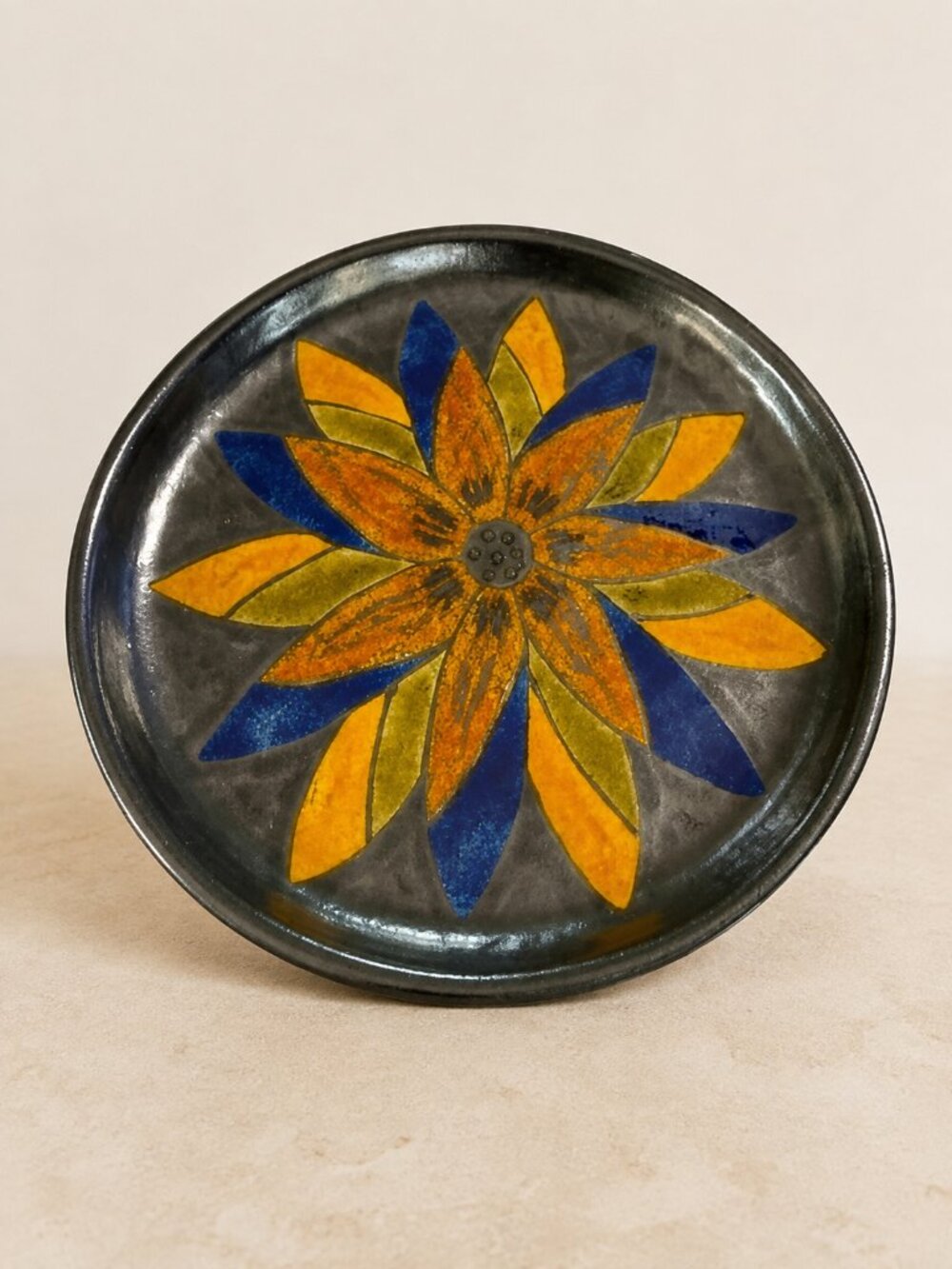 Vintage MCM RS Signed Sunflower Drip Salt Glaze Studio Pottery Plate